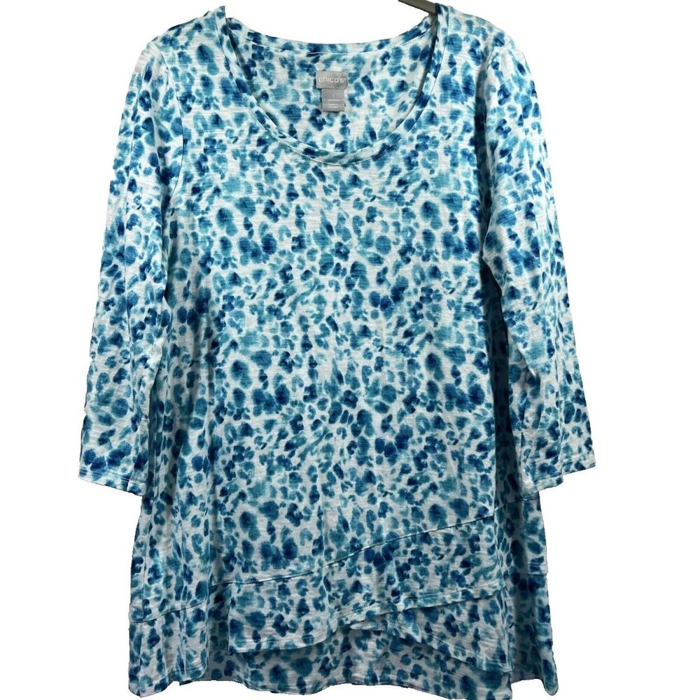 Chicos‎ Women's Top Size M Blue White Faux Layered 3/4 Sleeves Pullover Stretch